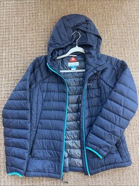 Columbia Women's Navy Hooded Puffer Jacket with Teal Trim